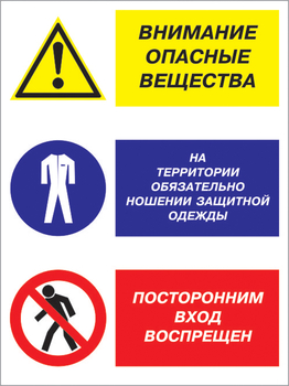 Кз 16 внимание опасные вещества - на территории обязательно ношение защитной одежды, посторонним вход воспрещен. (пластик, 300х400 мм) - Знаки безопасности - Комбинированные знаки безопасности - . Магазин Znakstend.ru